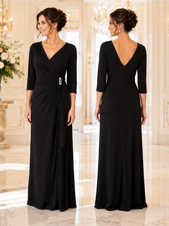 Ralph Lauren Dresses & Skirts - Ralph Lauren Black Long-Sleeve V-Neck Evening Gown with Side Brooch